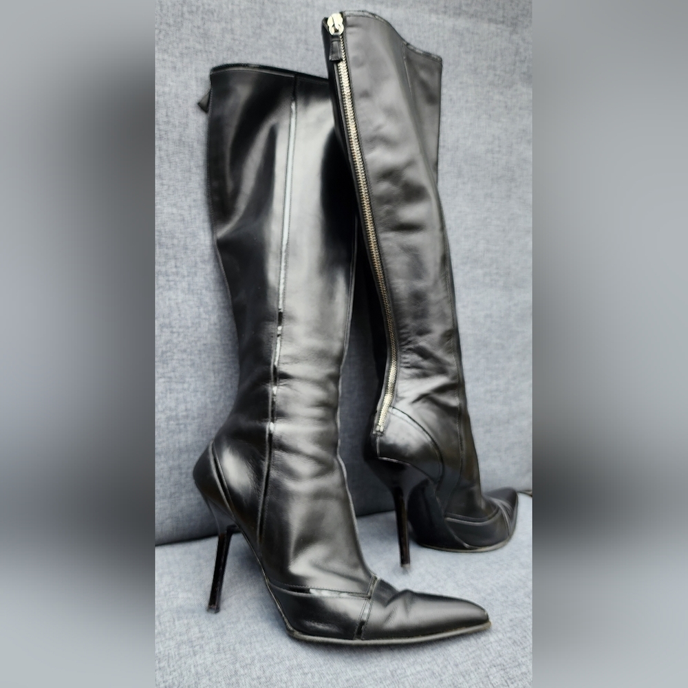 Narciso Rodriguez Tall Black Leather and Patent Leather Stiletto Boots EUC